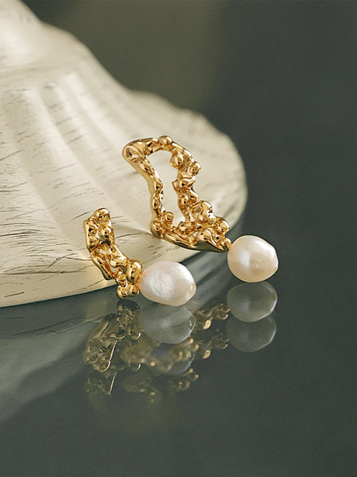 Cutout Asymmetric Natural Real Pearl Earrings