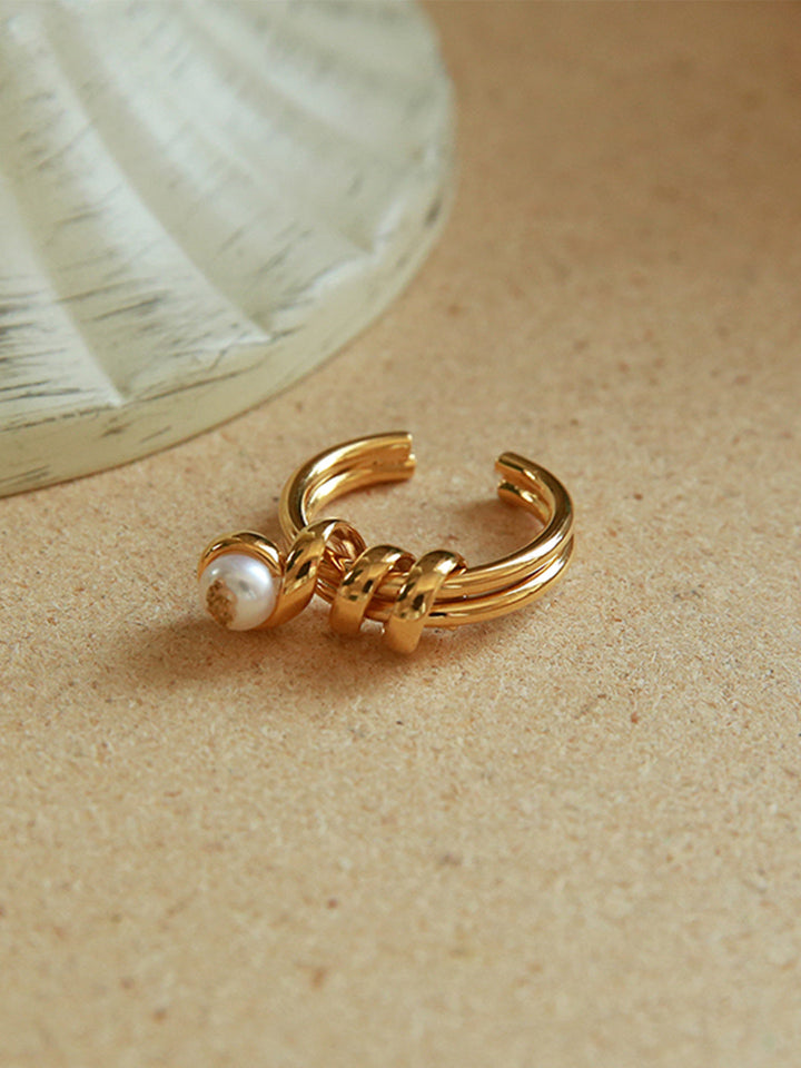 Curved Natural Pearl Gold Foil Open-end Ring