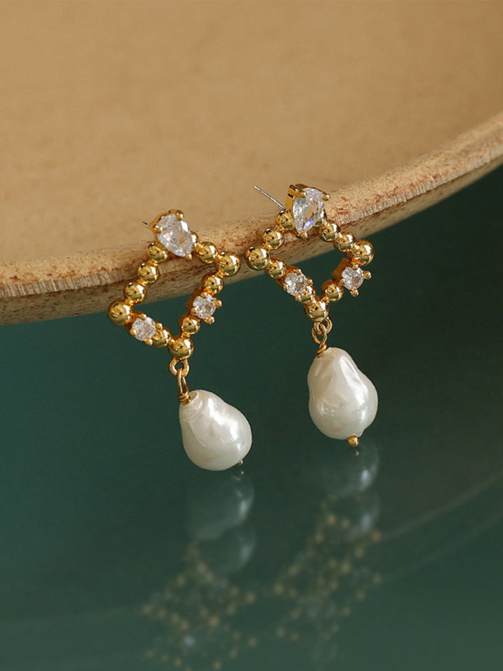 Baroque Cutout Zircon Inset Imitated Pearl Earrings